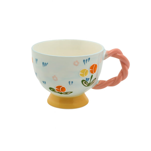 1515-11 Ceramic Mug – 450ml – White Mug with Floral Pattern & Pink Twisted Handle