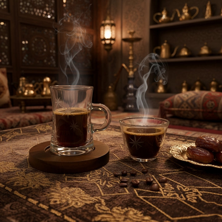 Two steaming cups of coffee on a patterned tablecloth with a warm, ambient background.