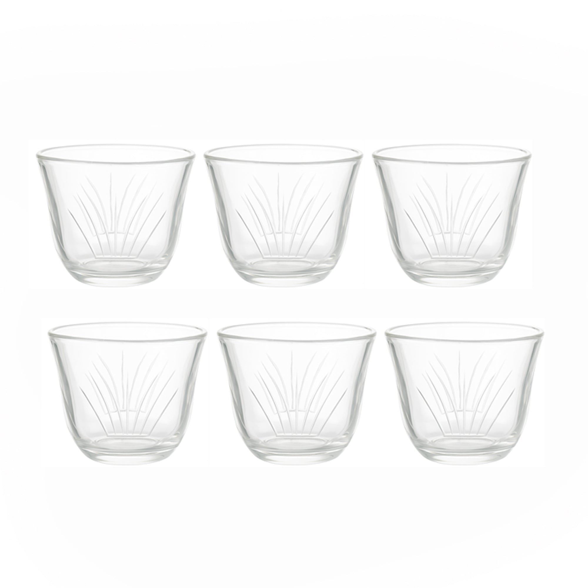 Set of six clear glass tumblers with a textured design on a white background
