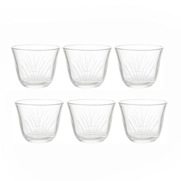 Set of six clear glass tumblers with a textured design on a white background