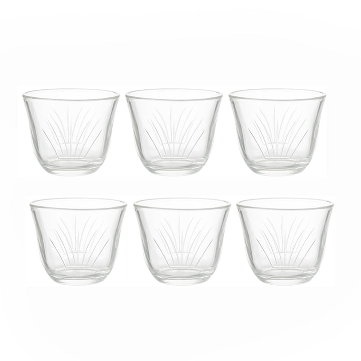 Set of six clear glass tumblers with a textured design on a white background
