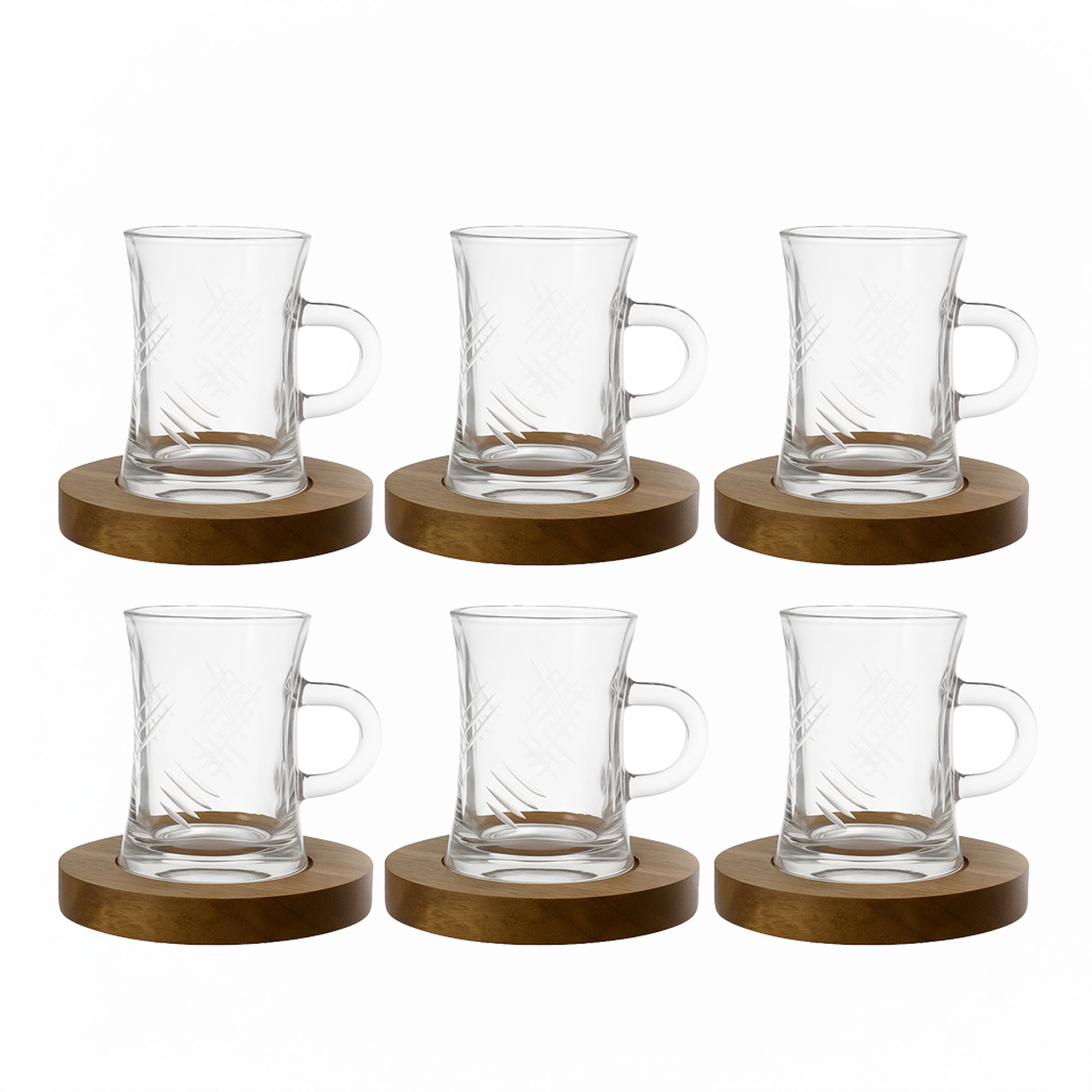 Set of six clear glass mugs with wooden coasters on a white background