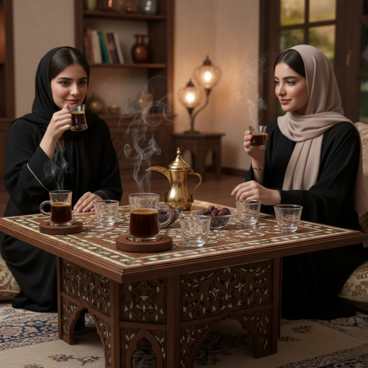 Two women in traditional attire enjoying tea in a cozy room.