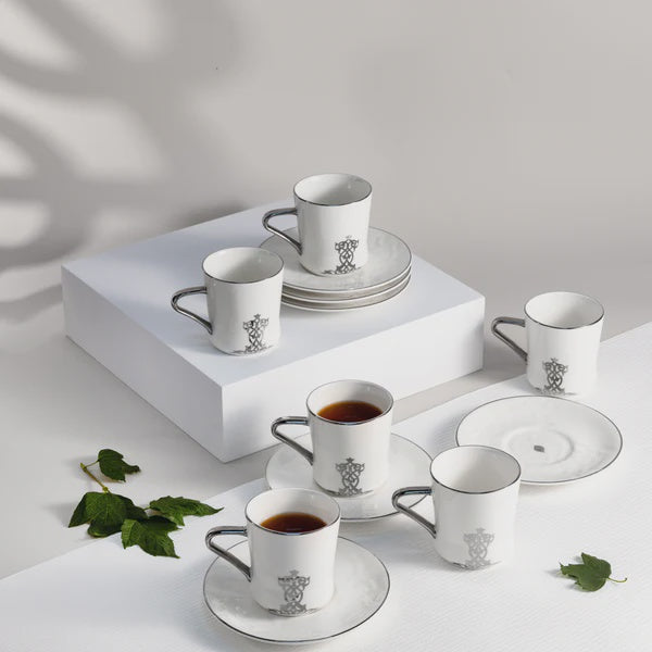 ET2951 Naqsh Tea Cup & Saucer 12-Piece Set – White & Silver