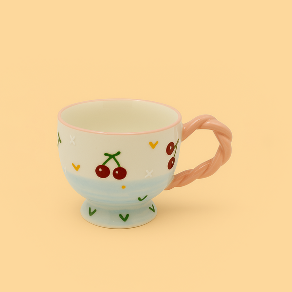 Ceramic Cup with Cherry Pattern and Twisted Handle – 11cm (D) x 9cm (H) – 99561-10