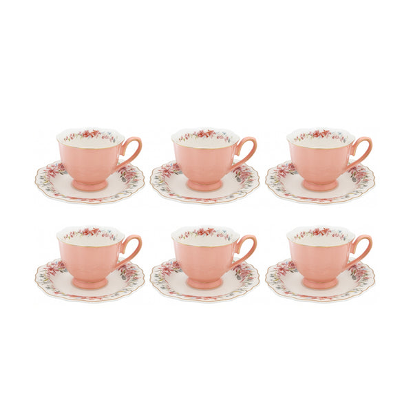 MA-17 Turkish Coffee Cup & Saucer Set – 12-Piece – Pink Floral Design with Gold Rim