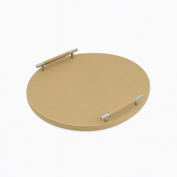 23R0010010 Round Leather Tray with Handles – 50 cm – Beige