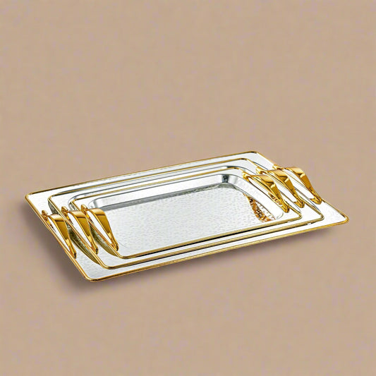 HT2411001 Serving Tray 3-Piece Set – Elegant Gold & Silver Plated Design with Textured Hammered Finish for Luxurious Serving