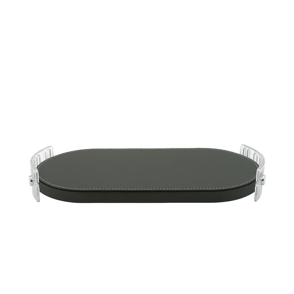 TR0041 – Acrylic Oval Tray with Leather Base – 40×20cm – Silver
