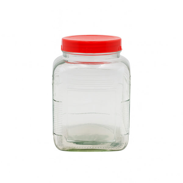 HMK20223 Glass Storage Jar 2000ML – Clear Square Body with Red Screw Lid