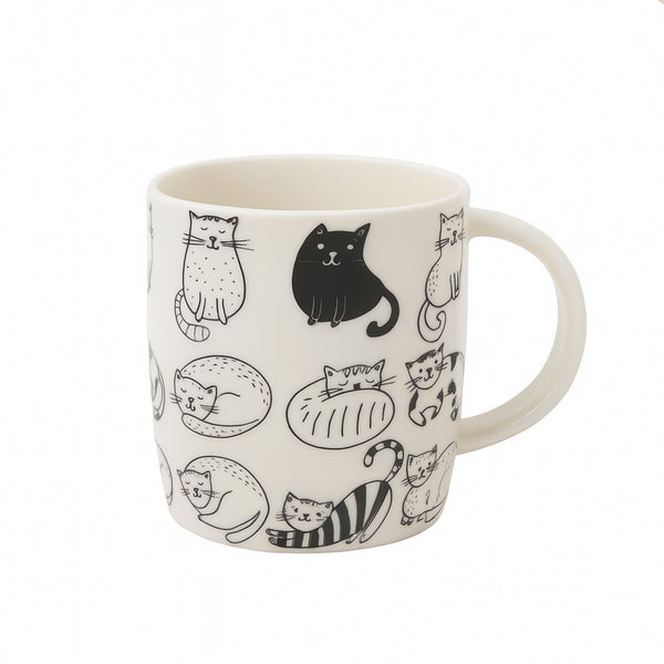 RS32263 – Ceramic Mug – Ivory Base with Black Cat Doodle Design