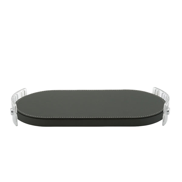 TR0042 – Acrylic Oval Tray with Leather Base – 50×25cm – Silver