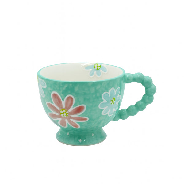1515-17 Ceramic Mug – Daisy Floral Design with Beaded Green Handle