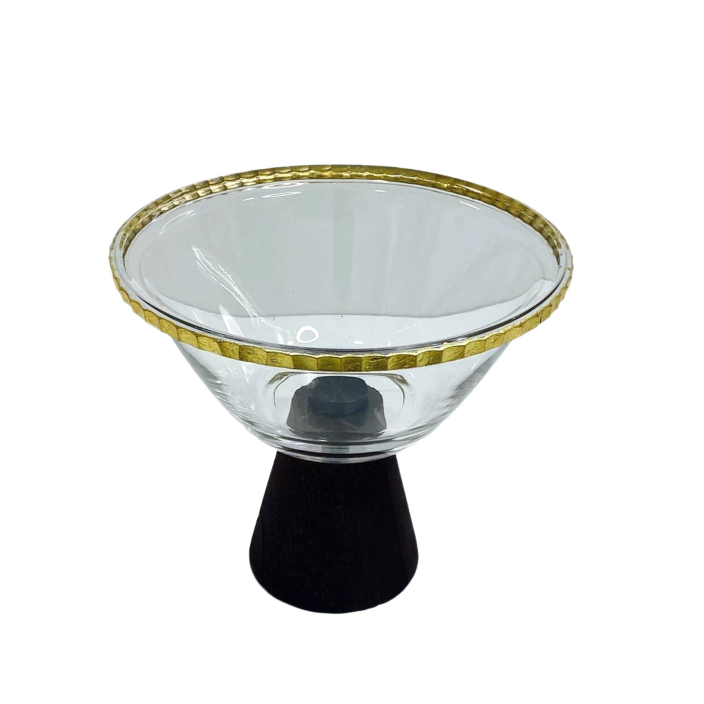VG206 Glass Bowl with Wooden Stand and Gold Rim - 17cm x15cm