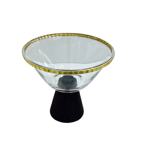 VG206 Glass Bowl with Wooden Stand and Gold Rim - 17cm x15cm