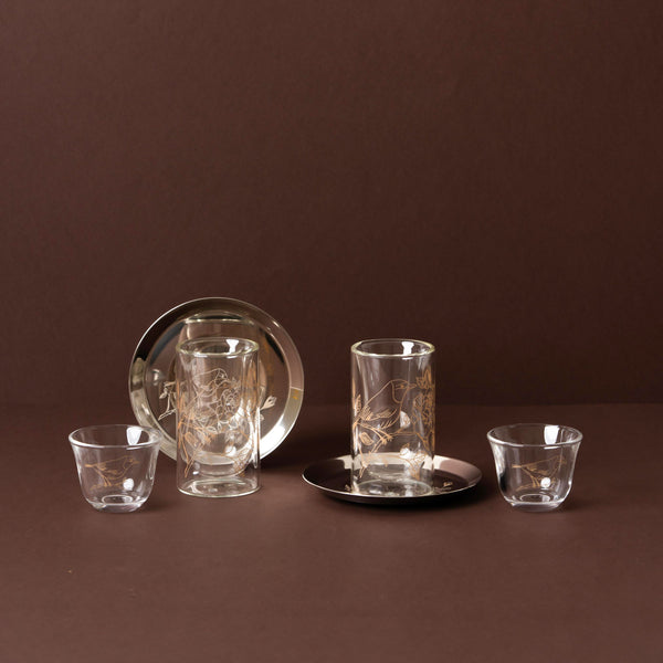 GT1117 Tea & Cawa Cup Set – 18-Piece – Elegant Clear Glass Design with Gold Bird & Floral Motif for Arabic Serving