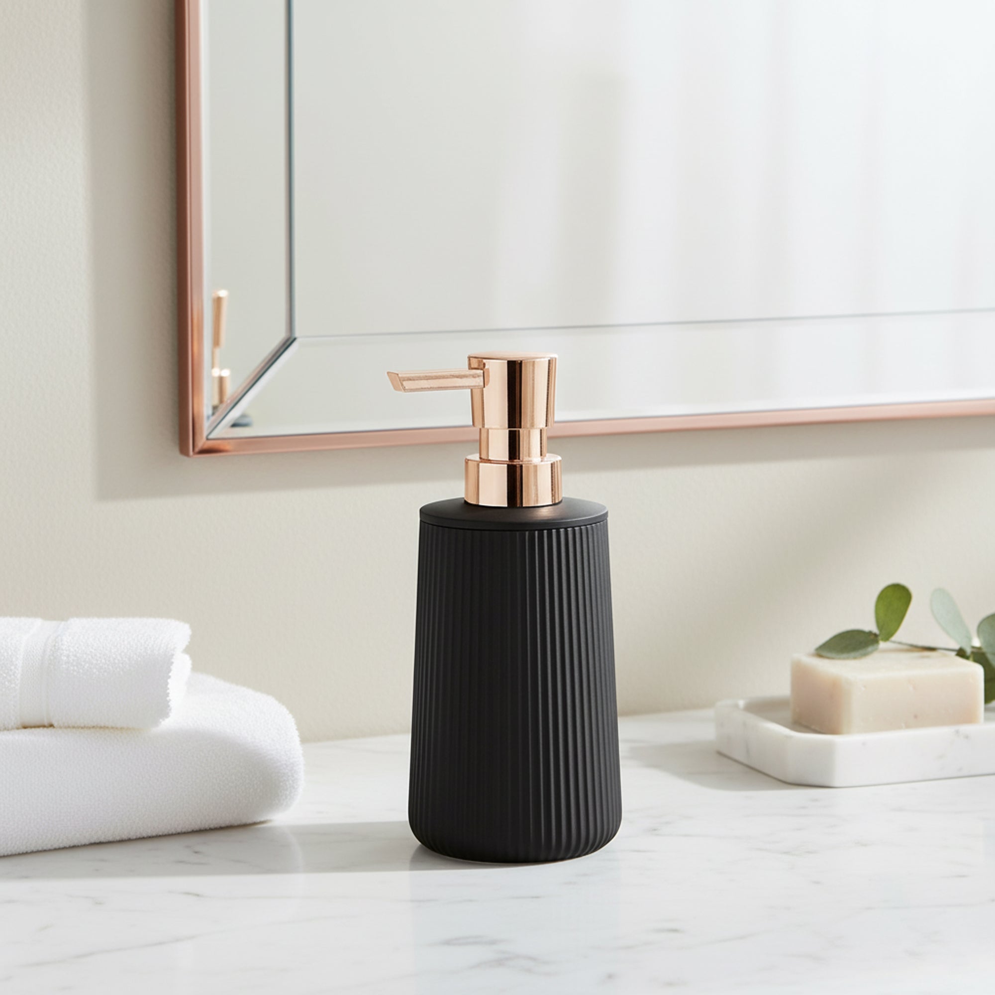 NT-80044 Hand Wash Bottle – Black Ribbed Design with Rose Gold Pump