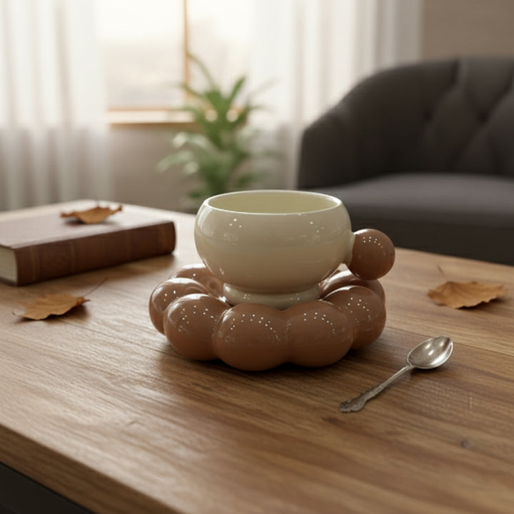 White ceramic cup on a decorative brown holder on a wooden table with a blurred background