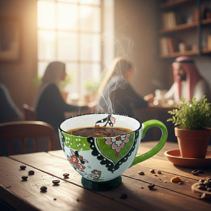 Steaming coffee in a decorative mug on a wooden table with a blurred cafe background