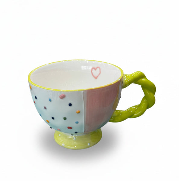 1515-07 Ceramic Cup  – White & Pink Finish with Polka Dot Pattern & Green Twisted Handle