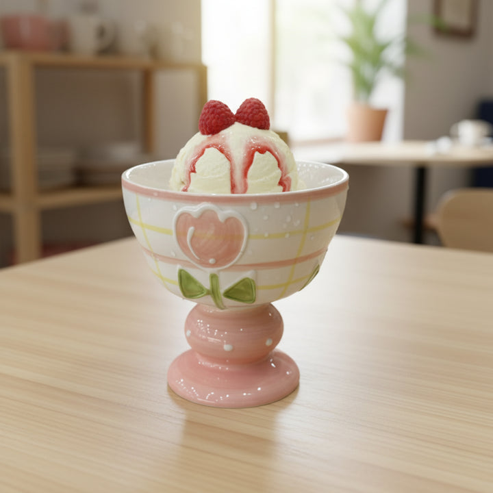 Pink ceramic bowl with ice cream and raspberries on a wooden table
