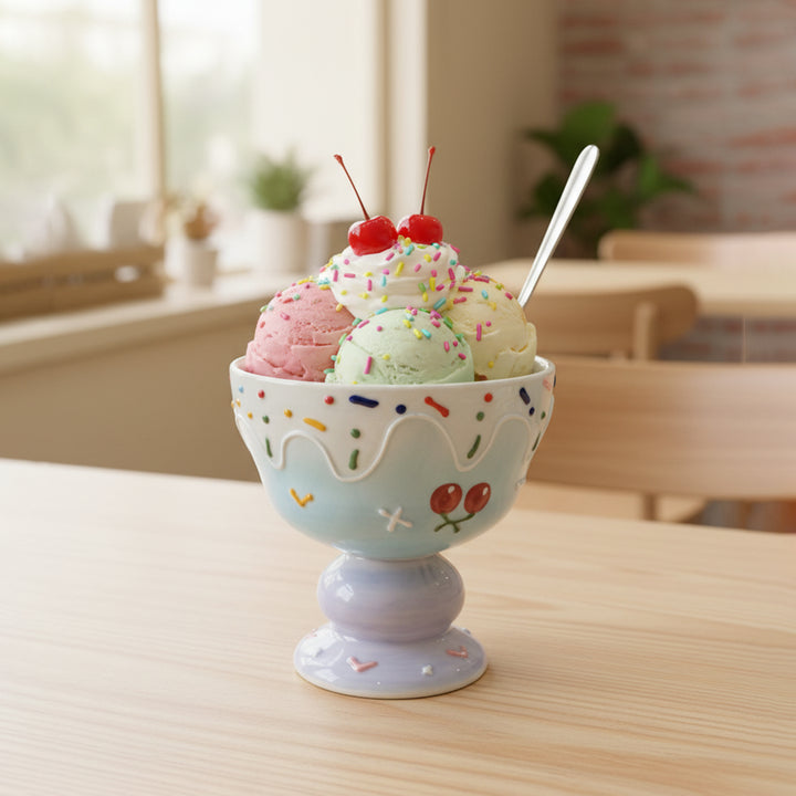 Decorative ice cream bowl with colorful ice cream and cherries on a wooden table.