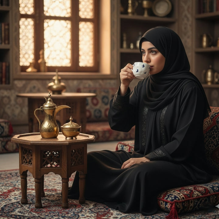 Woman in traditional Middle Eastern attire sitting in a decorated majlis, enjoying tea from a white ceramic cup with blue bird patterns — featuring an Arabic-style coffee pot and ornate wooden table in the background.