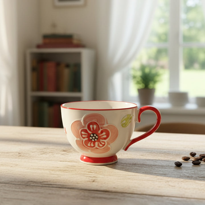 Decorative coffee mug with floral design on a wooden table