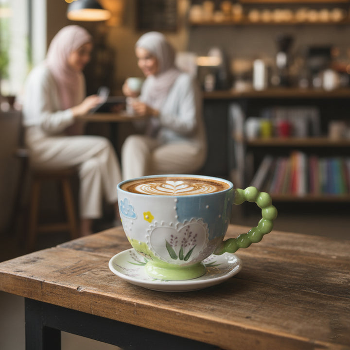 Decorative coffee cup with a floral design on a wooden table in a cozy cafe setting.