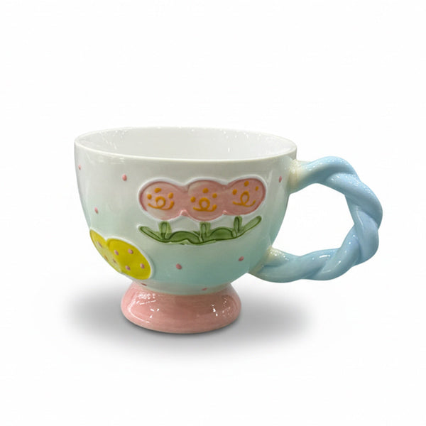1520-06 Ceramic Cup – White Finish with Pink Floral Design & Blue Twisted Handle