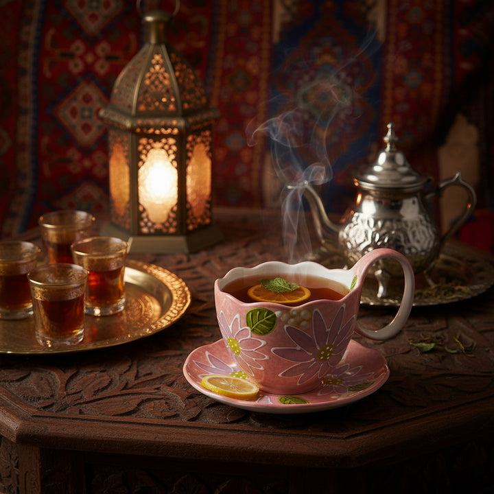 Pink ceramic cup with floral embossed design and green leaf detailing, filled with hot tea and garnished with orange slices, placed on a matching saucer on a carved wooden table beside a brass lantern and traditional tea set — Siddiq Gifts, Mussafah Abu Dhabi.