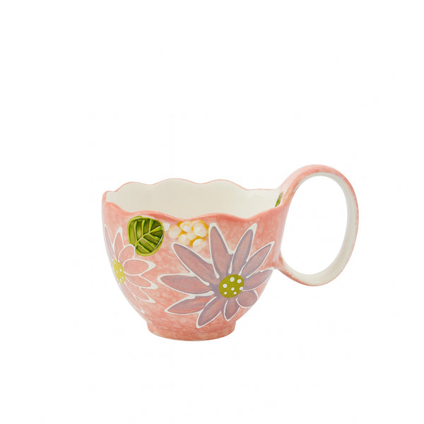 Ceramic cup with a green and white floral pattern, scalloped rim, red heart accents, and pink handle — displayed on a white background from Siddiq Gifts, Mussafah Abu Dhabi.