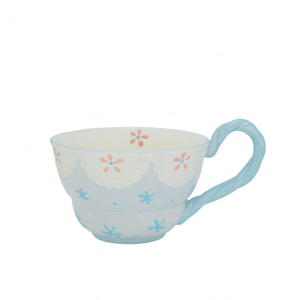 1521-06 Ceramic Cup – 13 cm (D) × 9 cm (H) – White Finish with Multicolor Floral Pattern & Blue Twisted Handle