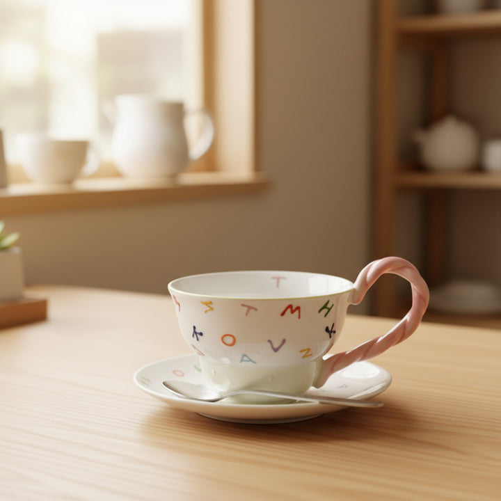 White ceramic cup with a multicolor alphabet pattern and a pink twisted handle, placed on a matching saucer with a spoon on a wooden table in a cozy, sunlit kitchen setting — Siddiq Gifts, Mussafah Abu Dhabi.