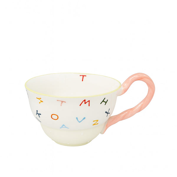 1521-08-Ceramic-Cup-13cmx9cm-White-Finish-with-Multicolor-Alphabet-Pattern-and-Pink-Twisted-Handle-Siddiq-Gifts-Mussafah-Abu-Dhabi