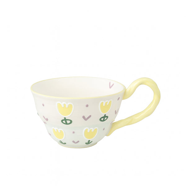 1521-09 Ceramic Cup – 13 cm (D) × 9 cm (H) – White Finish with Yellow Tulip Pattern & Twisted Handle