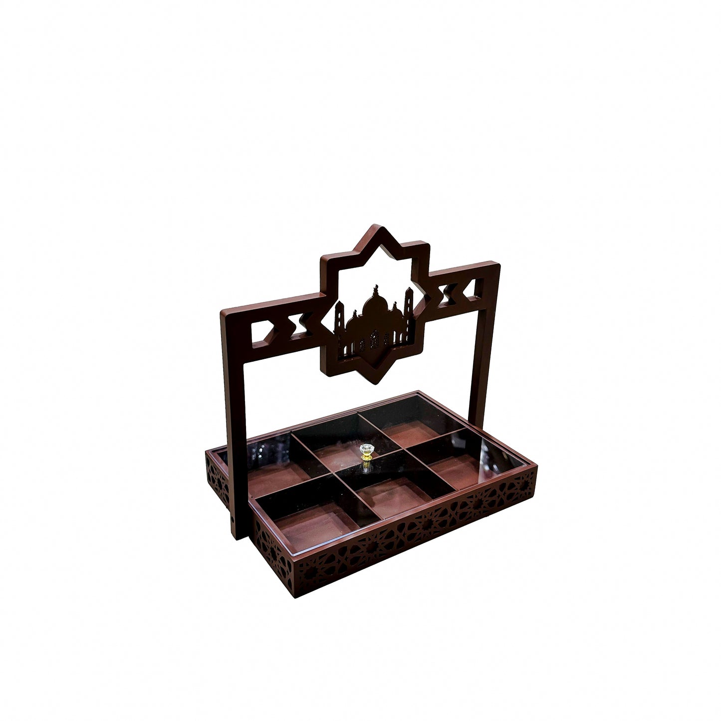 2421 Wooden Snack Tray With Minaret  Handle, Ramadan Decor