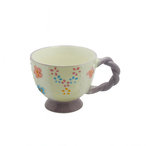 1515-05 Ceramic Mug – 400ml – Floral Design with Twisted Grey Handle