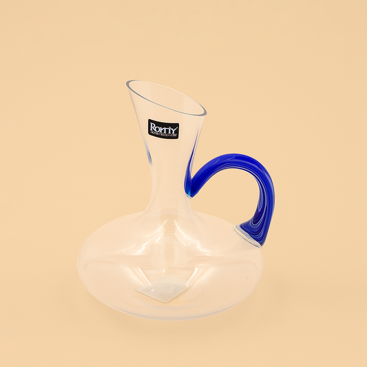 1418-6 – Glass Wine Decanter with Blue Handle – Elegant Curved Design – Clear