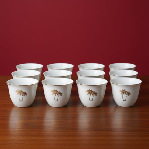 5795G Cawa Cup Set – 12-Piece Elegant White Design with Gold Palm & Rim