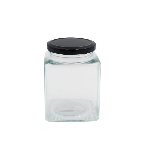 KK52 Glass Jar with Black Lid – 460ml – Clear Square Storage Container