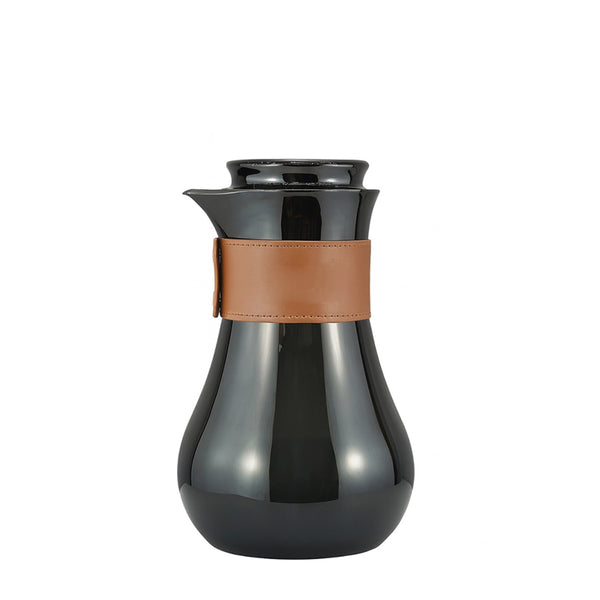 TSC09Q Vacuum Flask – 0.7 L – Jet Black with Brown Leather Grip Handle
