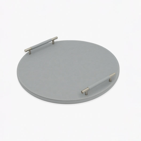 23R0010010 Round Leather Tray with Handles – 50 cm – Grey with Silver Handles
