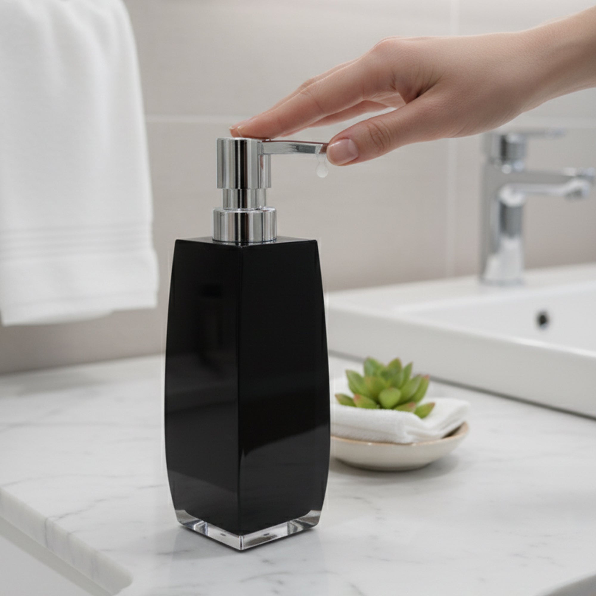 548-6 Soap Liquid Dispenser – Glossy Black Square Body with Chrome Pump