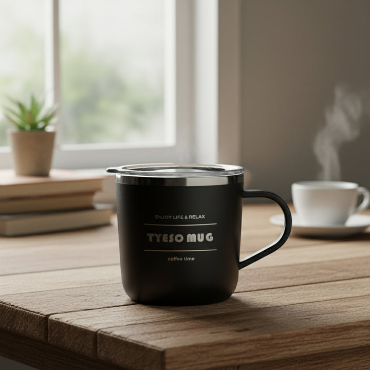 Black mug with 'TYESEO MUG' branding on a wooden table with a blurred background