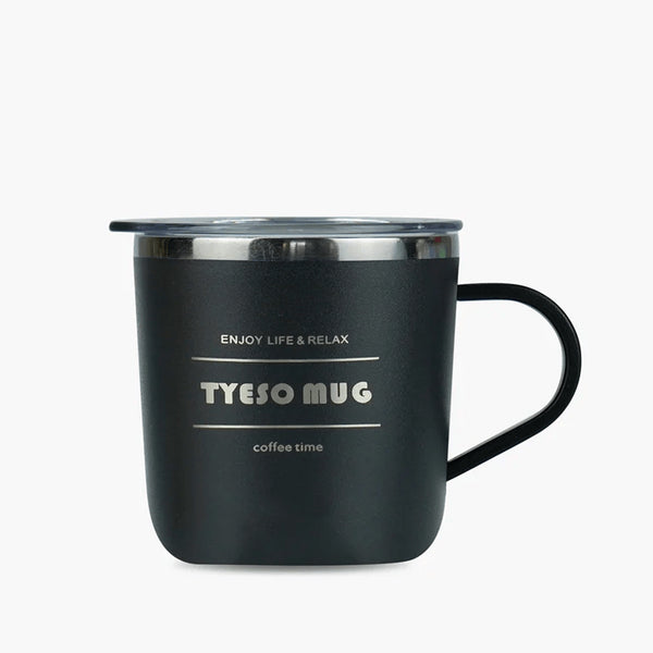 Black mug with silver rim and handle on a white background