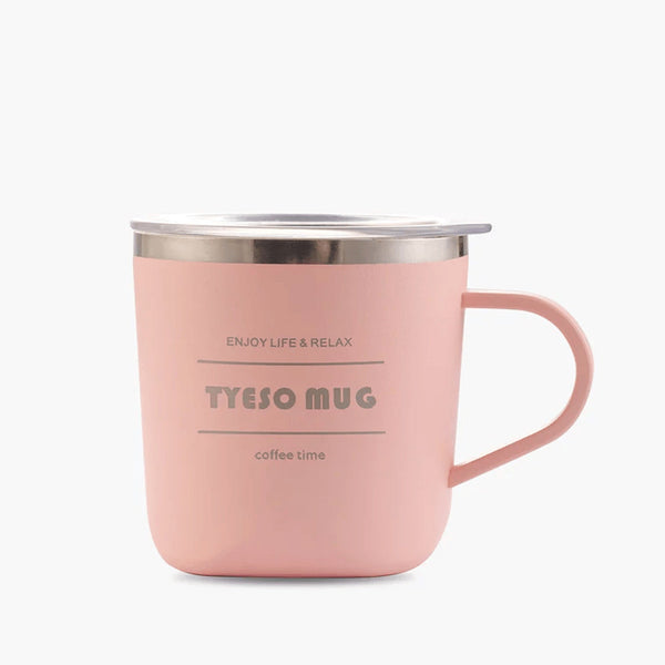 Pink mug with 'TYESO MUG' branding on a white background