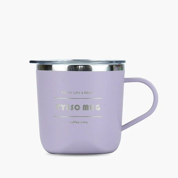 Purple mug with silver rim and handle on a white background