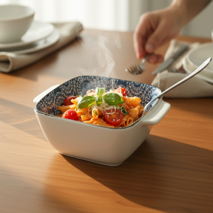Pasta dish in a decorative bowl on a wooden table with a hand sprinkling cheese.