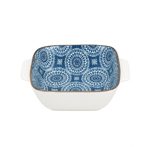 Square ceramic dish with blue geometric pattern on a white background